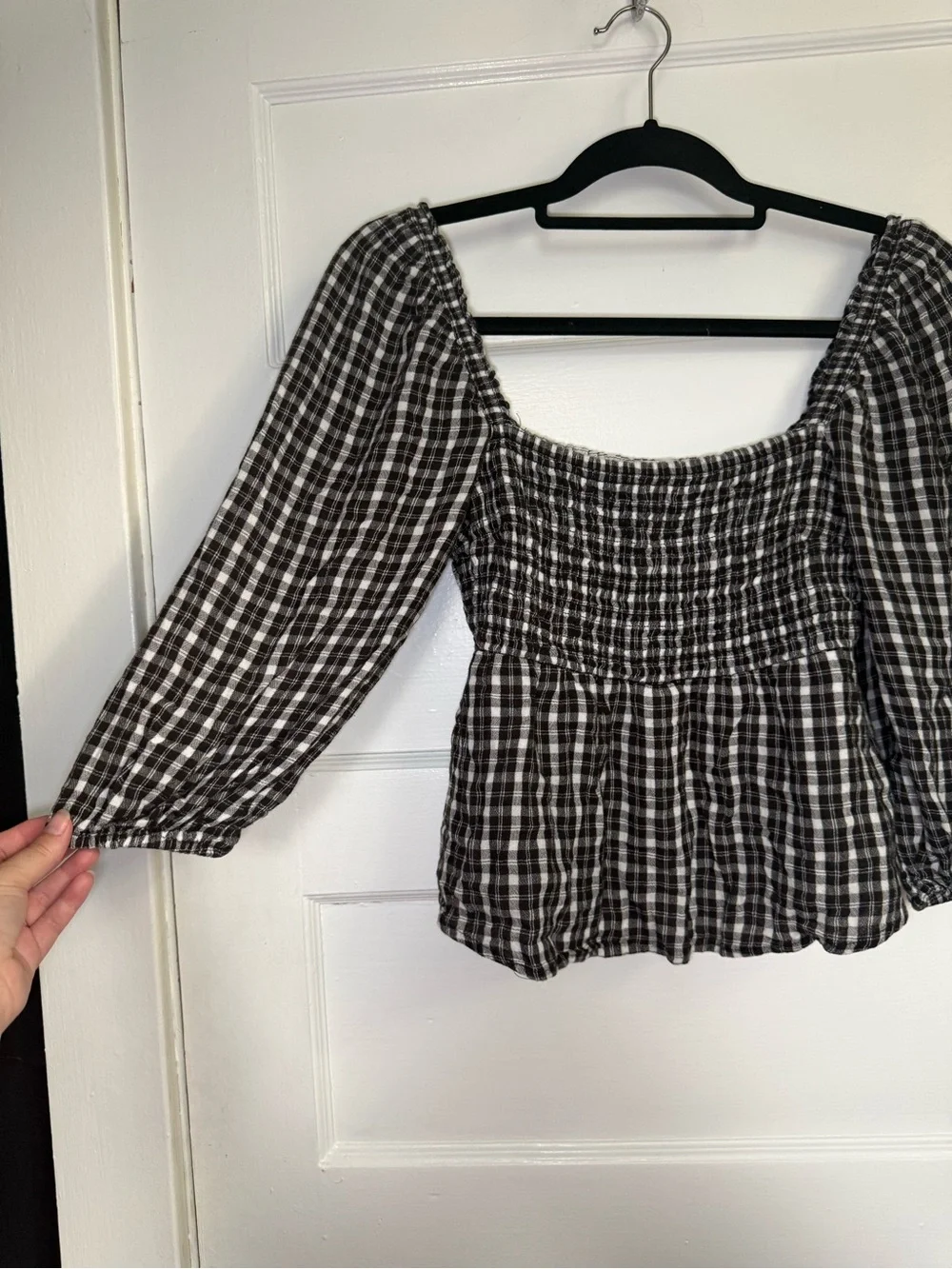 Abercrombie & Fitch Black and White Smocked Plaid Peasant Blouse Fall Boho Sz M